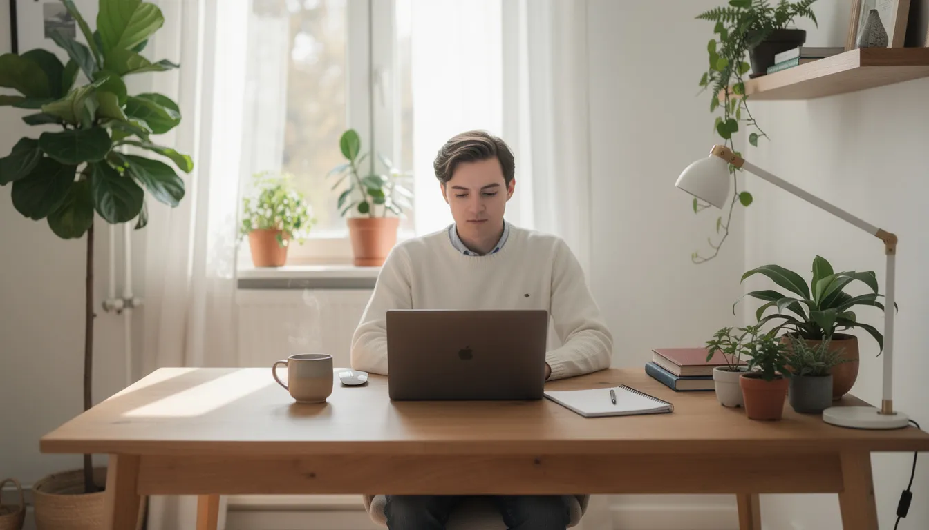 A professional is seated at a desk, focused on their laptop while jotting down notes in a notebook, with a cup of coffee nearby and surrounded by vibrant plants. This workspace reflects an environment conducive to content creation and SEO strategy, highlighting the integration of technology and nature in enhancing productivity.