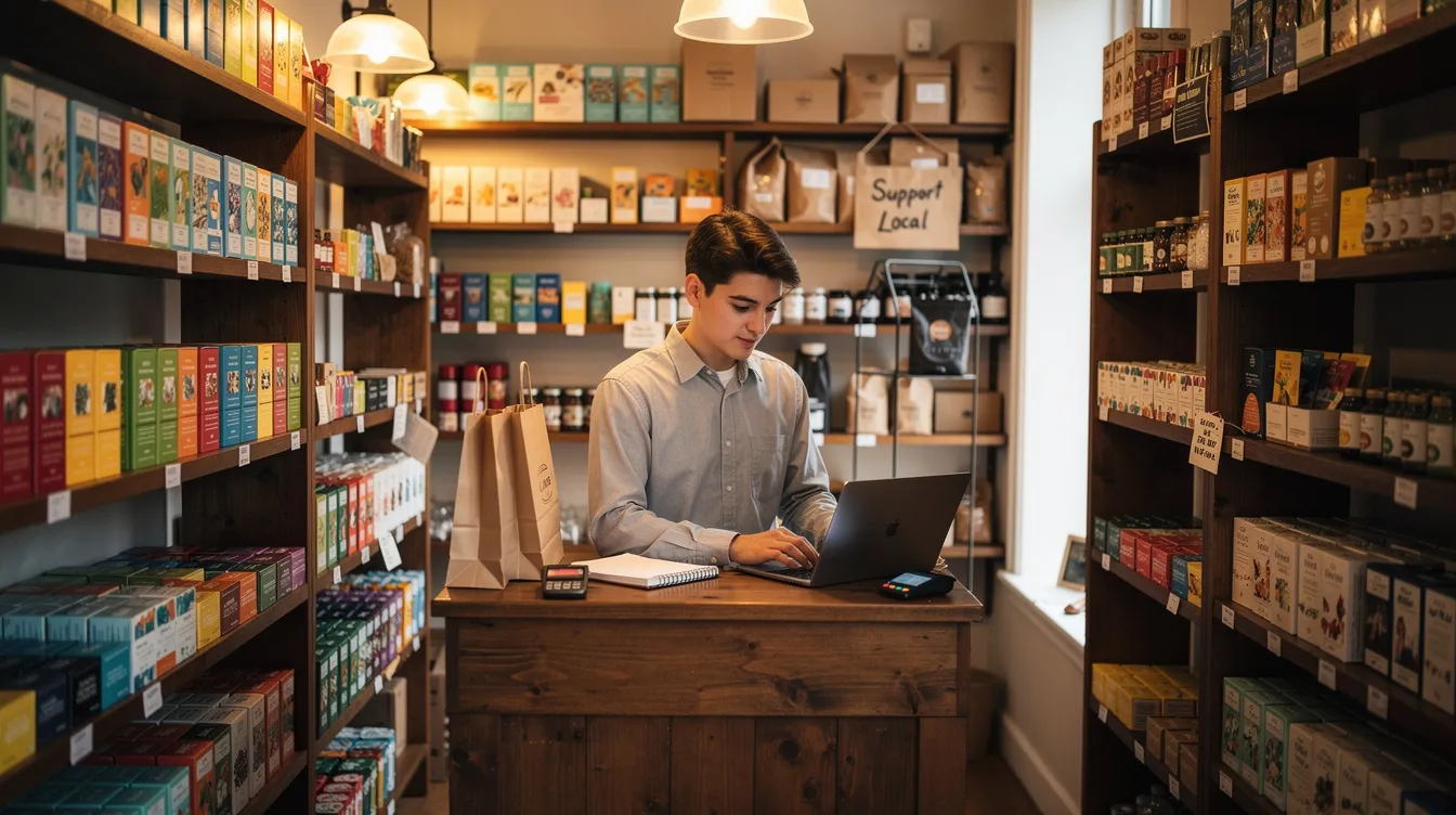 ea45777b 6ff9 417f ac50 42a3370e3c56 A young entrepreneur is seen working diligently inside a small shop, surrounded by various products neatly displayed on shelves. This scene highlights the spirit of micro and small businesses, which often rely on financial support from schemes like the Pradhan Mantri Mudra Yojana (PMMY) to access collateral-free loans and expand their operations.