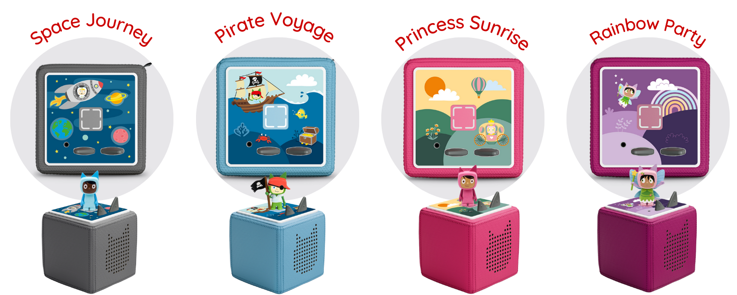 New accessories Toniebox Toppers great gift for parents to gift any age kids. Space Journey, Pirate Voyage, Princess Sunrise, Rainbow Party