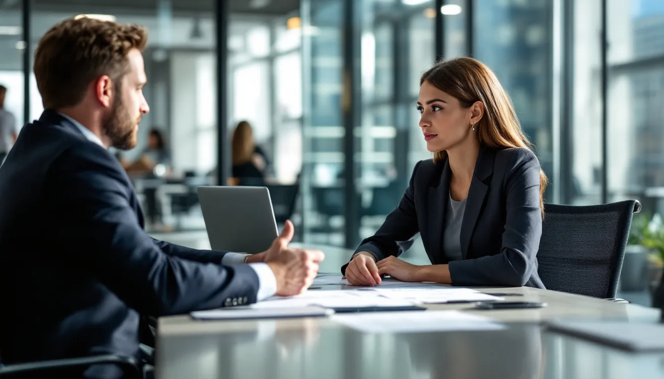 Een werkgever en werknemer zitten aan een vergadertafel en bespreken de voorwaarden van een contract, waarbij onderwerpen zoals de vaststellingsovereenkomst, ontslagvergoeding en wederzijds goedvinden aan bod komen. De sfeer is professioneel en er worden aantekeningen gemaakt over de gemaakte afspraken.