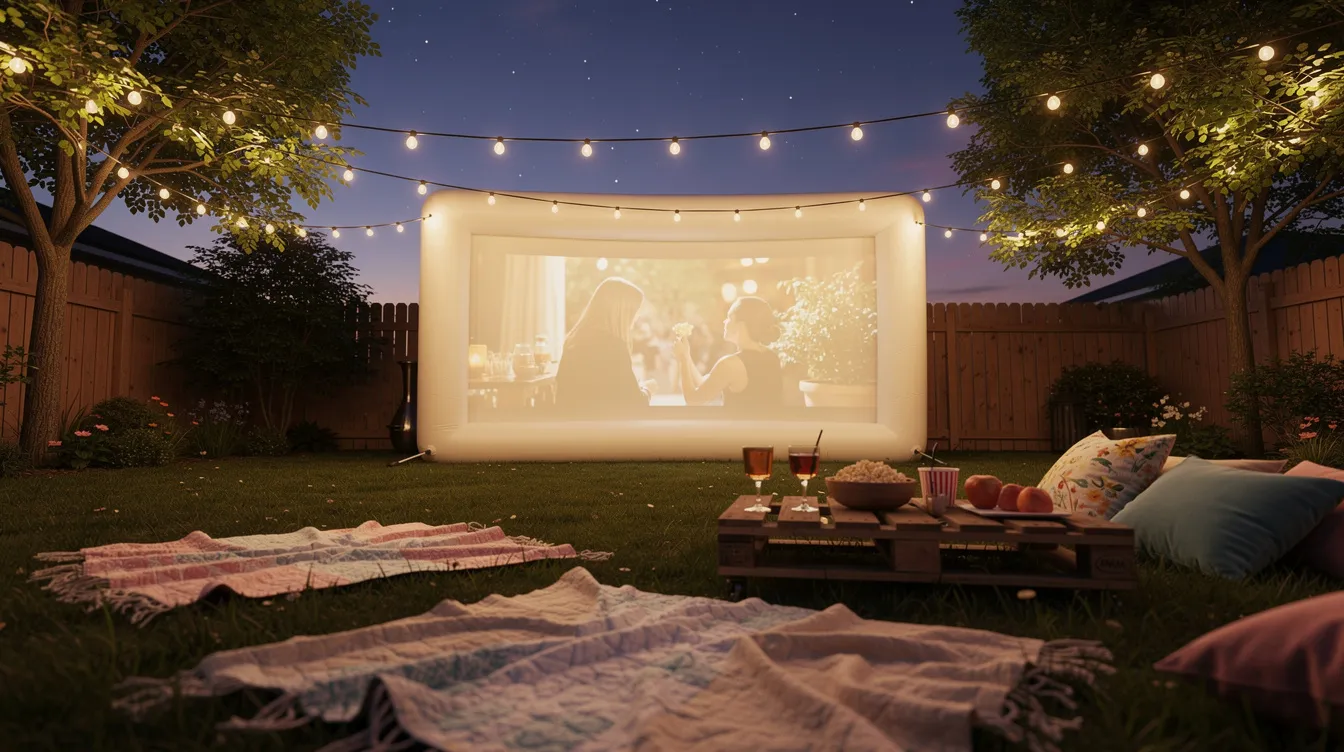 The image shows a cozy backyard at dusk, featuring a large inflatable movie screen illuminated by string lights overhead, with blankets spread across the grass, creating a perfect setting for an outdoor movie night. Young kids play nearby, enjoying yard games and creating family memories under the stars.