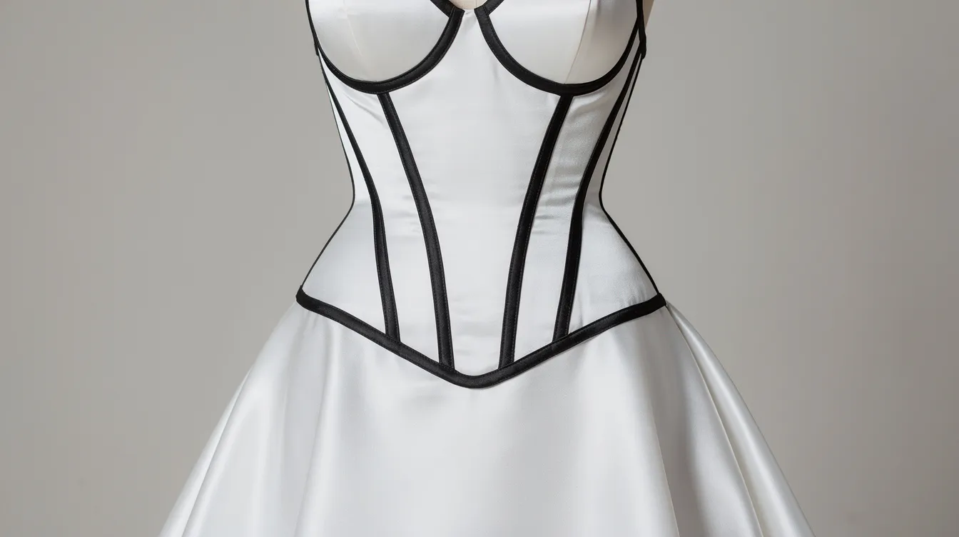 A close-up view of a mermaid silhouette wedding dress showcases a striking combination of white satin fabric and a visible black corset boning, highlighting the intricate features of this unique bridal style. The contrast between the black and white elements adds depth and elegance, perfect for a modern bride.