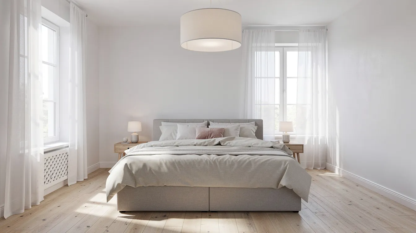 Ett ljust sovrum med en mellanstor boll taklampa i vitt tyg som hänger centralt ovanför sängen, vilket ger rummet en varm och inbjudande atmosfär. Taklampan fungerar som en ljuskälla och passar perfekt in i rummets färgschema.