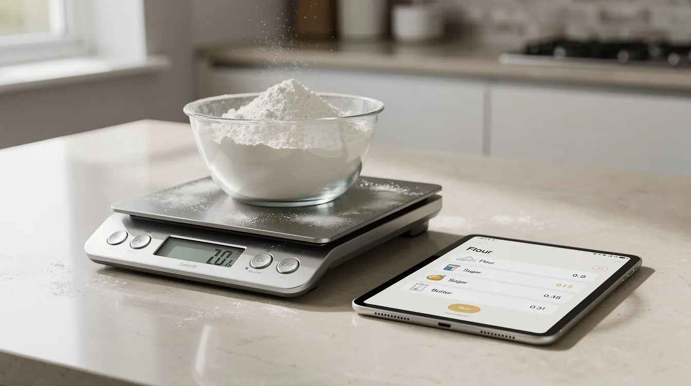 The image depicts a kitchen countertop featuring a digital scale accurately weighing flour, while a tablet nearby displays ingredient logs for tracking measurements. This setup highlights the intuitive interface of the app, designed to assist users in managing their wellness goals and monitoring their cooking data.