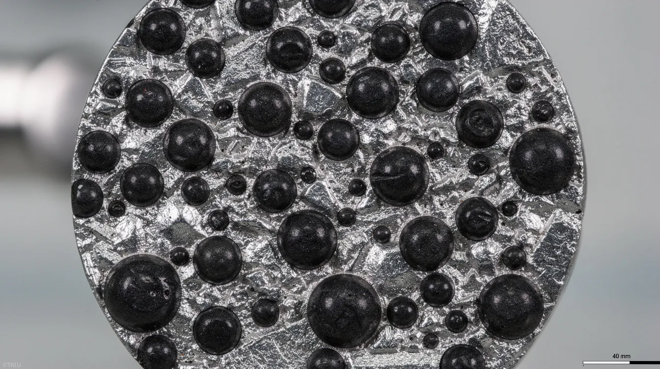 A close-up photograph showcases polished cast iron samples, revealing a shiny metallic matrix embedded with dark spherical graphite nodules, characteristic of ductile iron. This microstructure highlights the material's excellent mechanical properties, making it a preferred choice for various industrial applications.