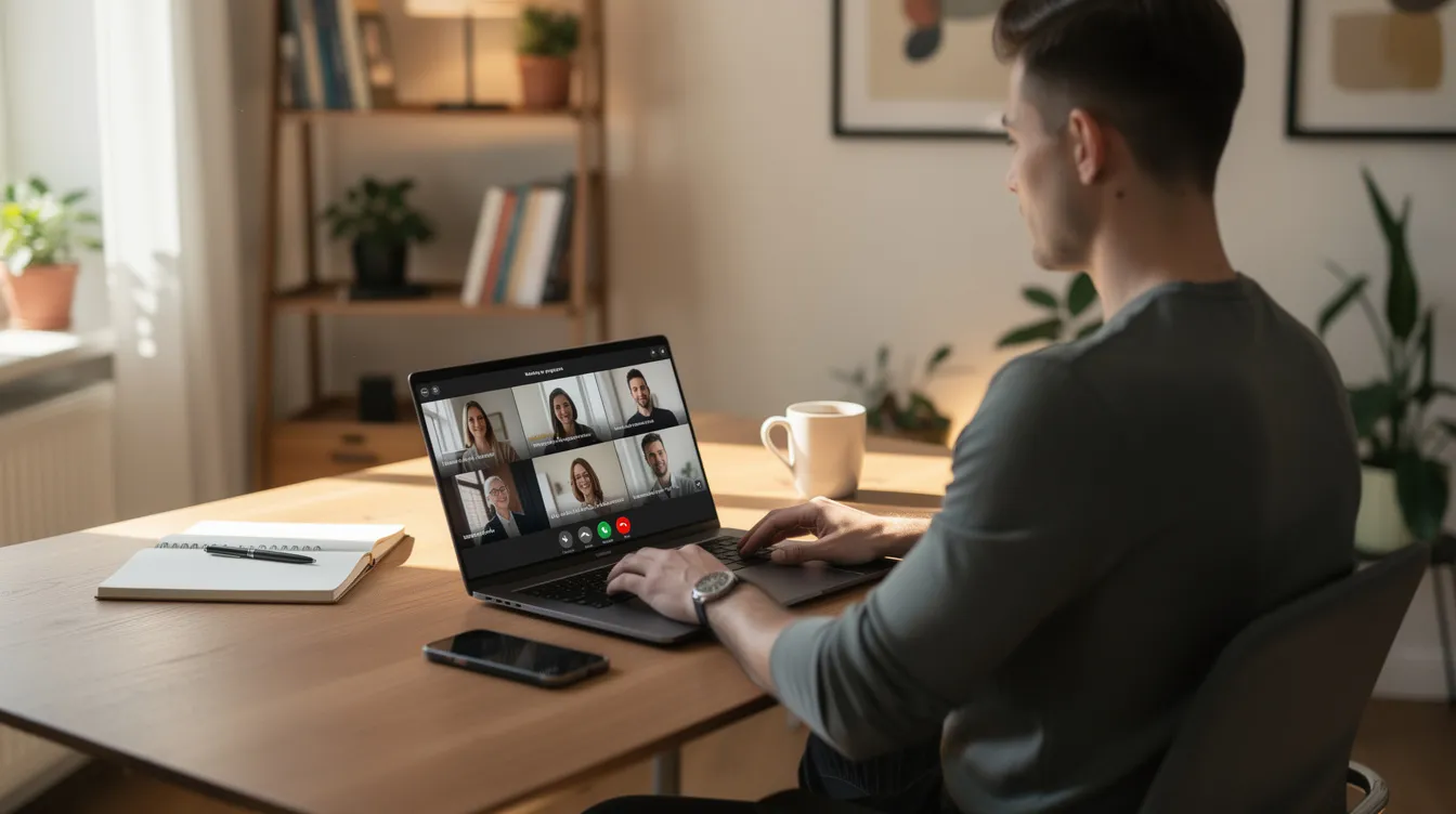 The image shows a person engaged in a video conference call on a laptop, set in a cozy home office filled with books and plants. This scene captures the modern work environment, where individuals can connect virtually while managing tasks related to legal matters, such as wage garnishment laws and debt collection.