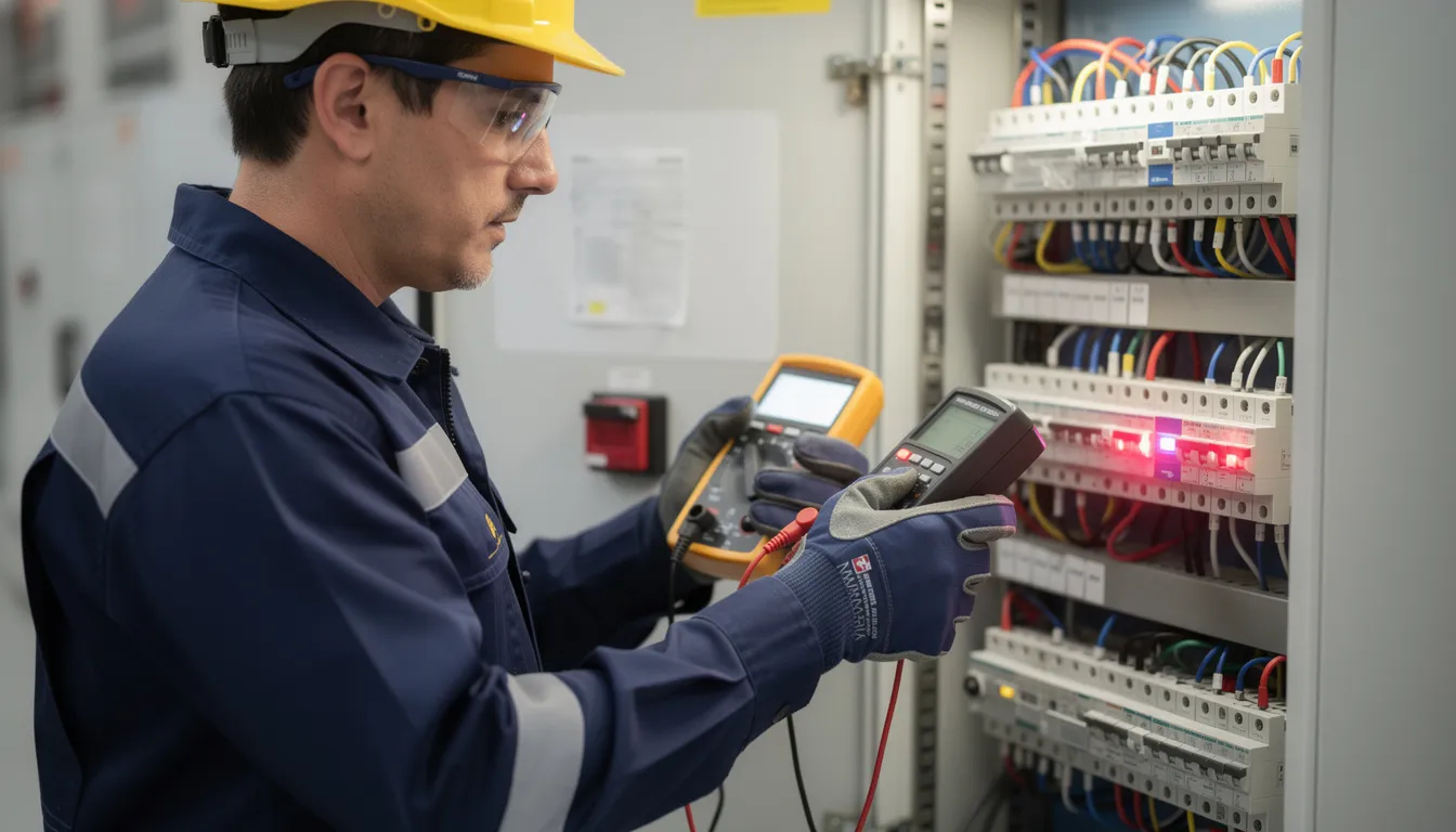 A professional electrician is testing electrical circuits with specialized measuring equipment, ensuring the safety and reliability of the electrical system. This process is vital for identifying potential electrical problems and maintaining compliance with safety standards, providing peace of mind for both home and business owners.