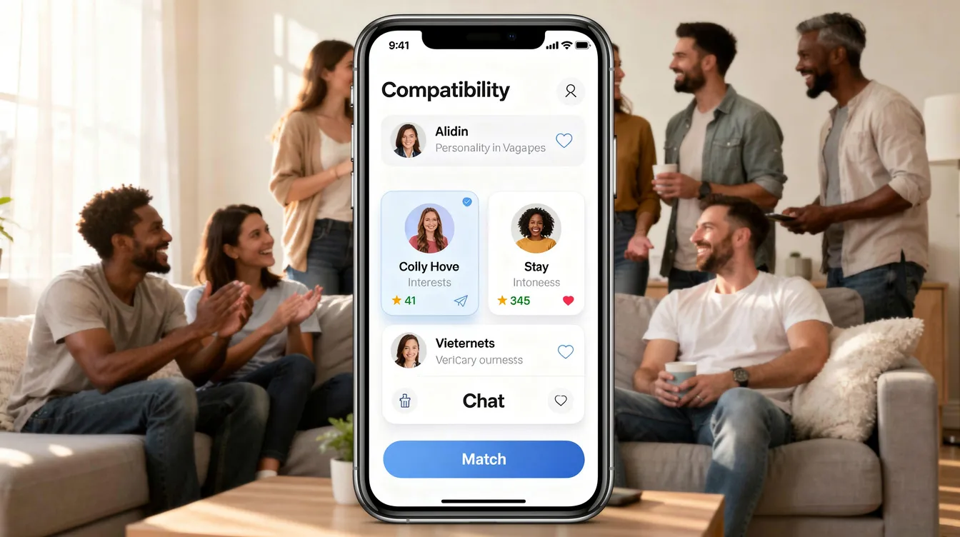 The image depicts a diverse group of real people using a popular dating app on their smartphones, highlighting the importance of genuine connections in online dating. They are engaged in conversations, suggesting that the app encourages users to find potential matches for serious relationships or casual dating based on their compatibility scores.
