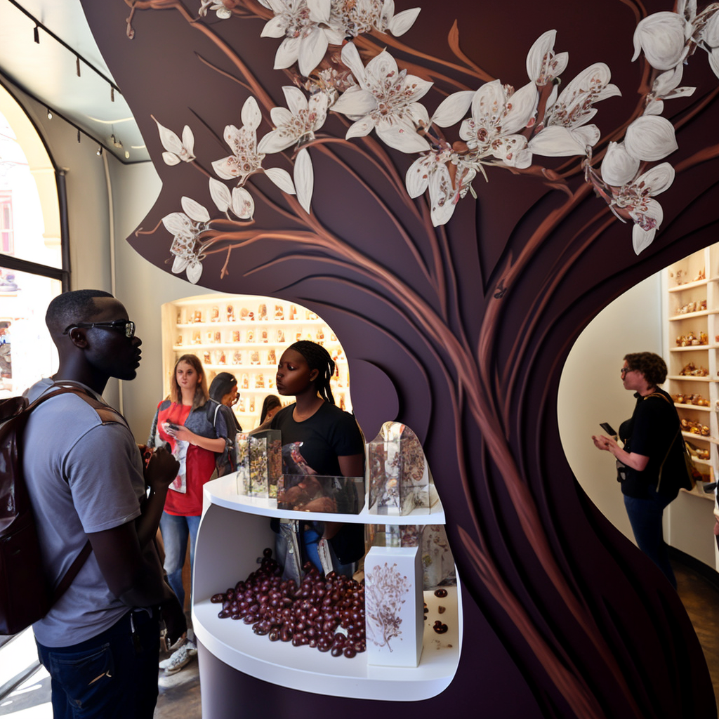 Blooming cherry tree with coffee beans inside a shop. Epiprodux