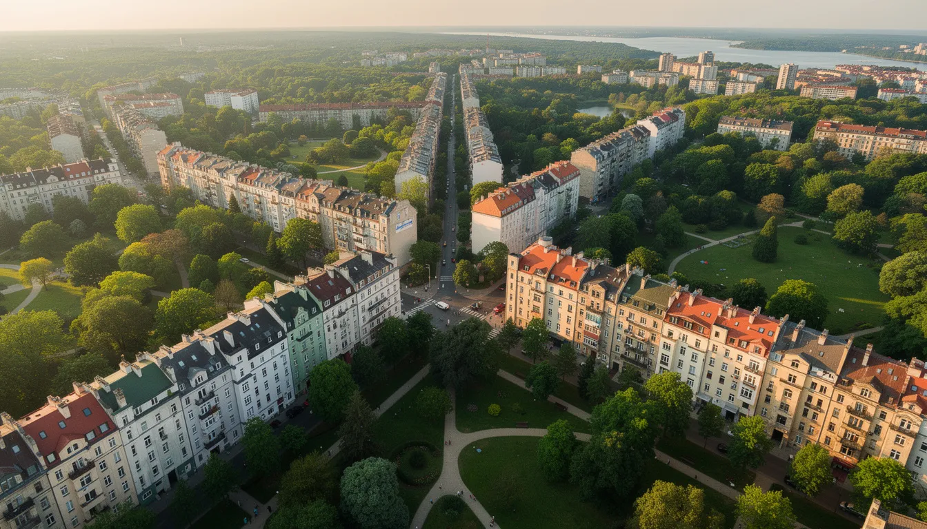 Widok z lotu ptaka na zieloną dzielnicę Żoliborz, ukazujący charakterystyczne przedwojenne kamienice oraz liczne parki, takie jak park Żeromskiego i park Kępa Potocka. Dzielnica ta, znana z bogatej historii i kameralnego klimatu, jest jedną z najbardziej prestiżowych lokalizacji w Warszawie, idealną dla osób poszukujących wymarzonej nieruchomości.