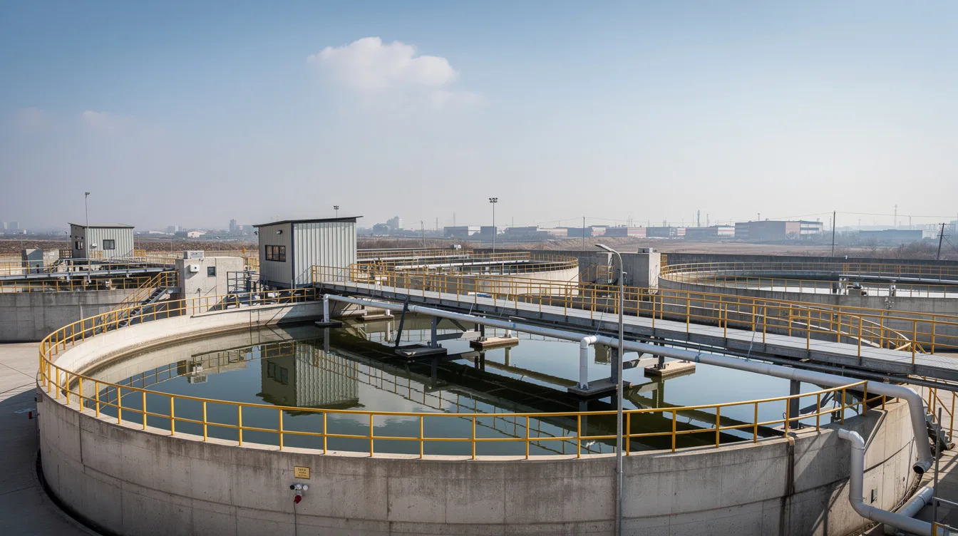 The image depicts an industrial water treatment facility, showcasing large tanks and filtration systems designed for wastewater treatment. This facility plays a crucial role in managing water quality and ensuring the safe treatment of sewage and stormwater for communities.