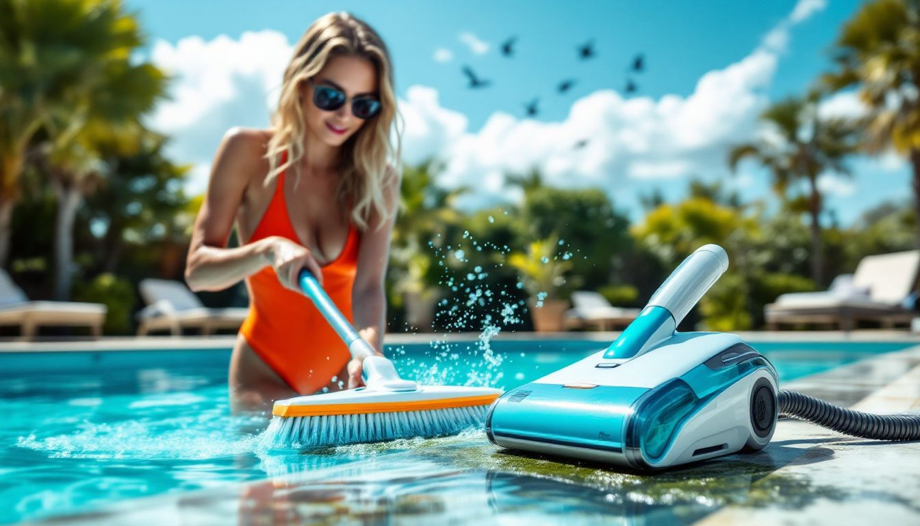 A person using a pool brush and vacuum to remove algae from a swimming pool.