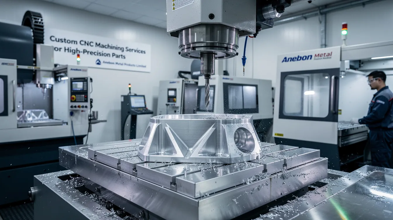 The image showcases custom CNC machining services offered by Anebon Metal Products Limited, highlighting high-precision parts produced through advanced CNC milling and turning processes. It emphasizes the capabilities in creating corrosion-resistant components from materials like aluminum alloys and stainless steel, suitable for various industries including automotive and aerospace.