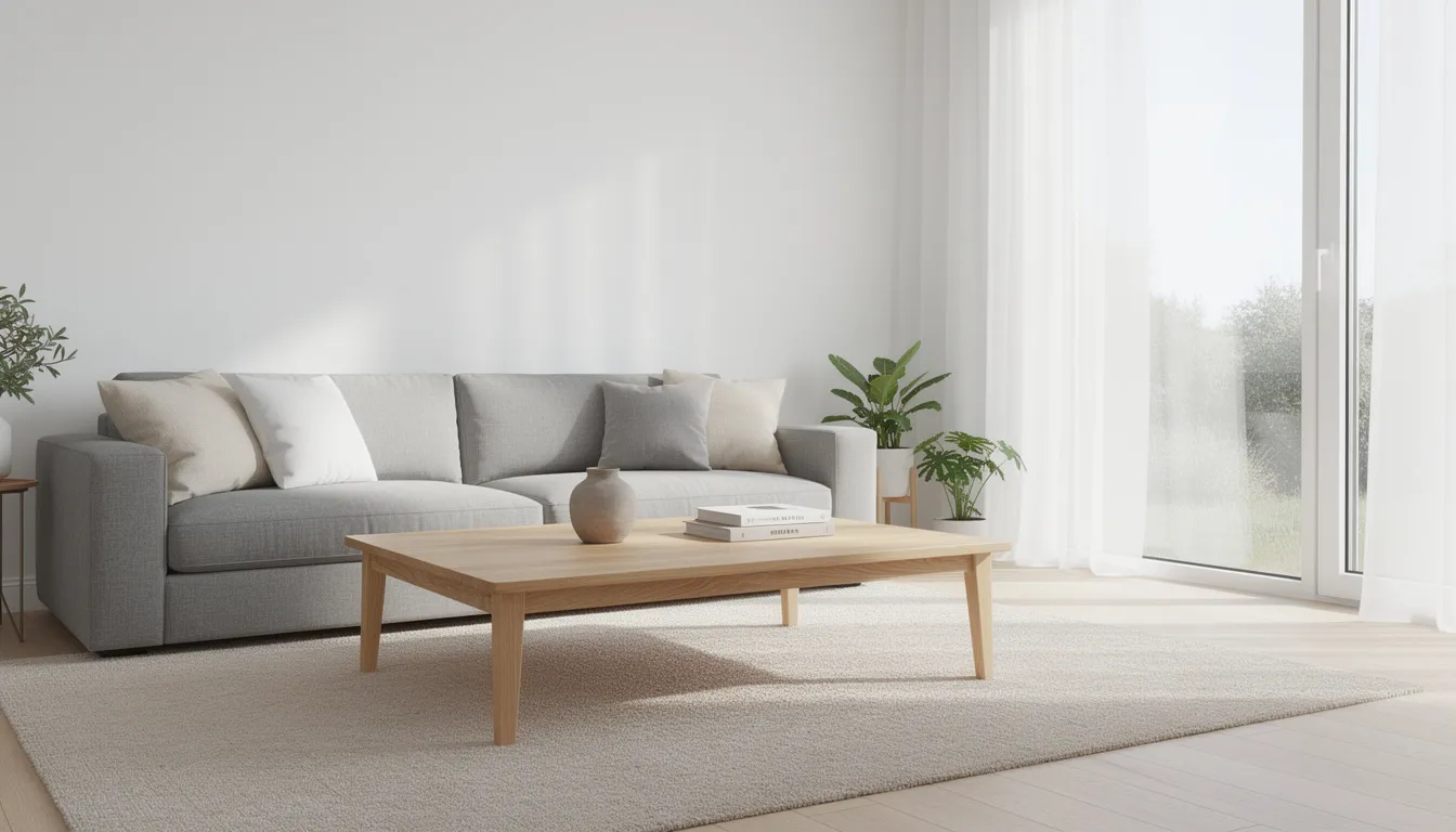 Ett modernt skandinaviskt vardagsrum med ett ljust träsoffbord, en grå soffa och naturligt ljus som strömmar in genom stora fönster. Rummet har en stilren känsla och erbjuder en perfekt plats för avkoppling.