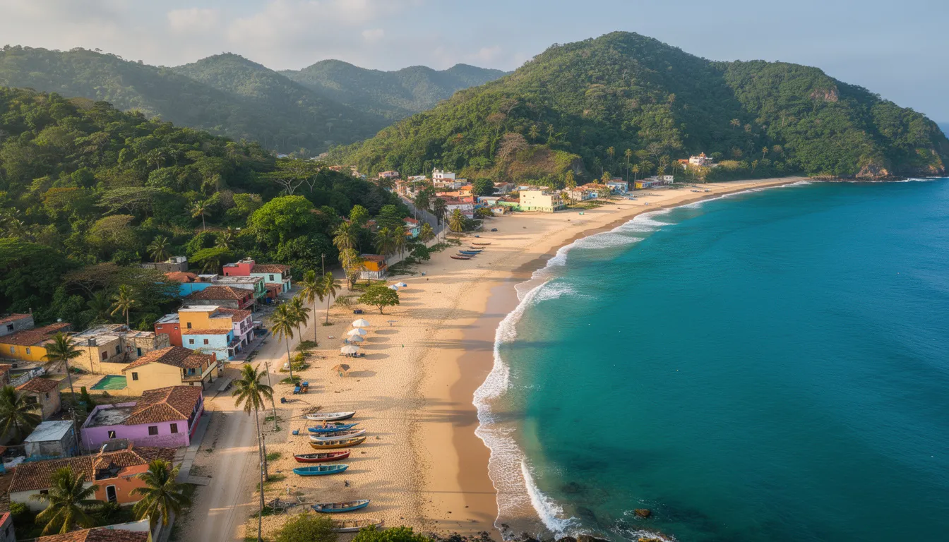 An aerial view showcases the charming beach town of San Pancho, where lush jungle-covered hills seamlessly blend into the golden sands of the Pacific coast, complemented by the vibrant blue ocean. This picturesque scene highlights the community spirit and natural beauty of Nayarit, Mexico, making it a perfect destination for visitors.