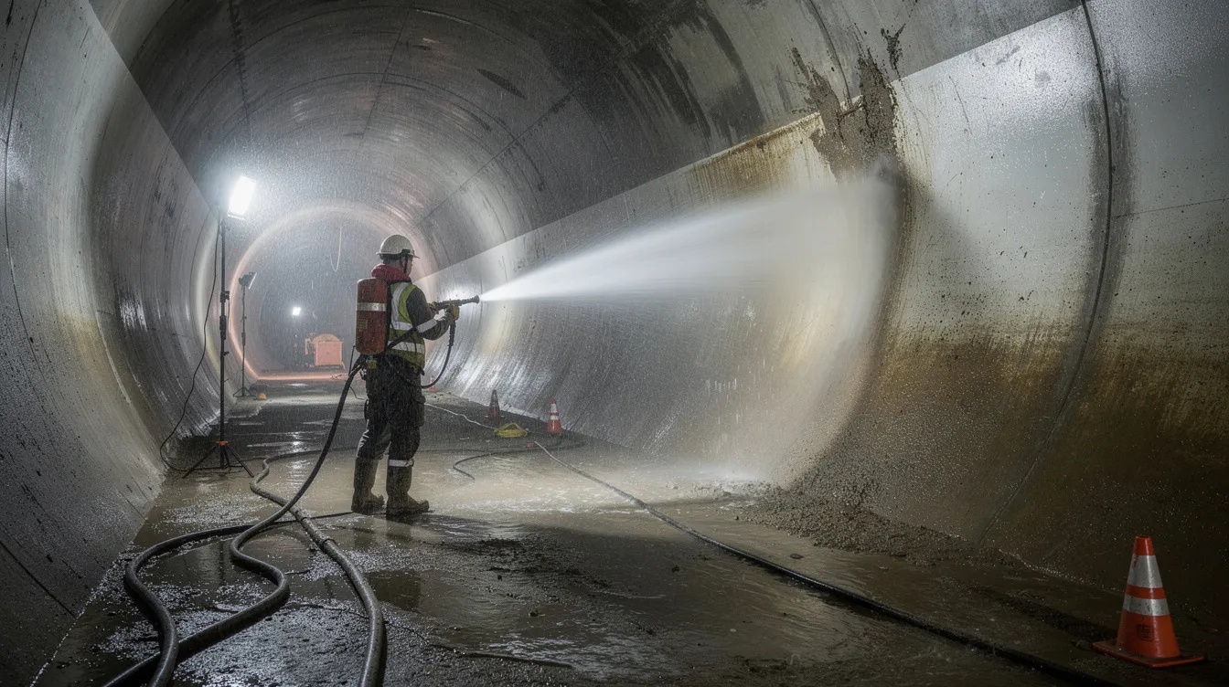 A high-pressure water jet is actively cleaning the interior of a large underground drainage pipe, showcasing the essential maintenance work performed by plumbing contractors to ensure efficient waste disposal systems. The powerful stream of water effectively removes debris and buildup, preventing common plumbing problems such as clogs and burst pipes.
