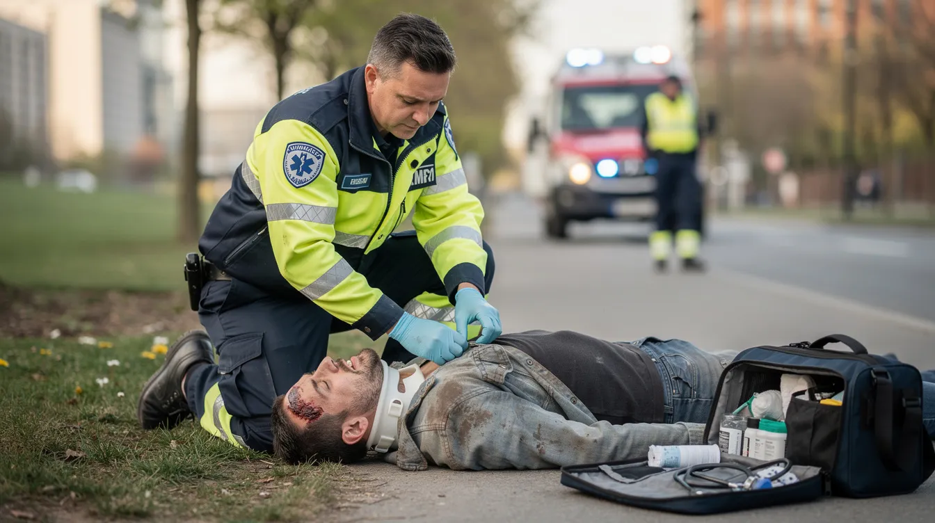 An emergency medical professional is attending to an injured person outdoors, providing crucial medical attention in the aftermath of a bicycle accident. This scene highlights the urgent care needed for bicycle accident victims, emphasizing the importance of safety and prompt medical response in personal injury cases.