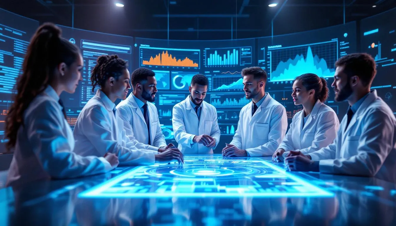The image illustrates the transformative impact of AI solutions on marketing, showcasing how businesses leverage artificial intelligence consulting to enhance customer engagement and optimise campaigns. It highlights tools such as conversational AI and predictive analytics that analyse vast amounts of data to create personalised marketing experiences, driving revenue growth and competitive advantages.