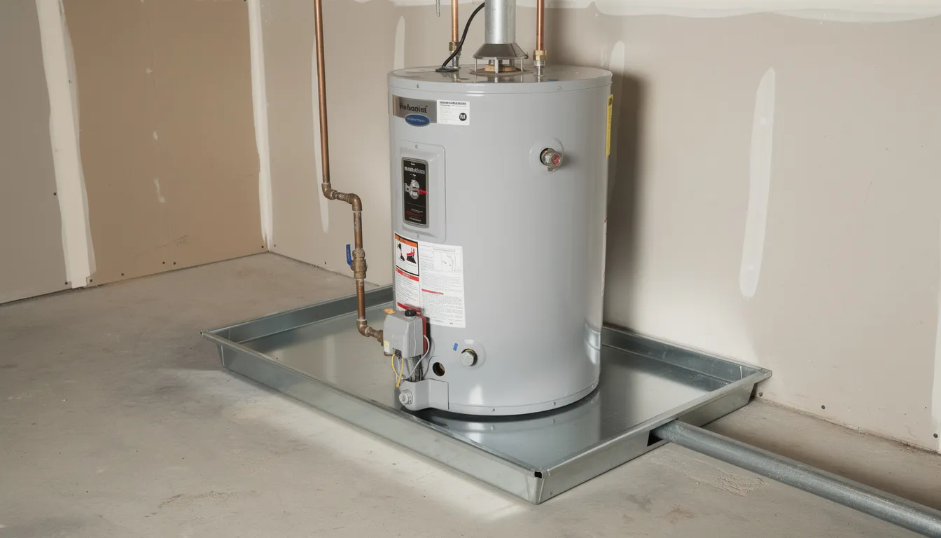 The image shows a metal drain pan securely installed beneath a water heater tank, designed to catch any leaks and prevent water pooling on the floor. This setup is essential for maintaining a reliable plumbing system and can help identify potential issues with the water heater before they escalate into a plumbing emergency.