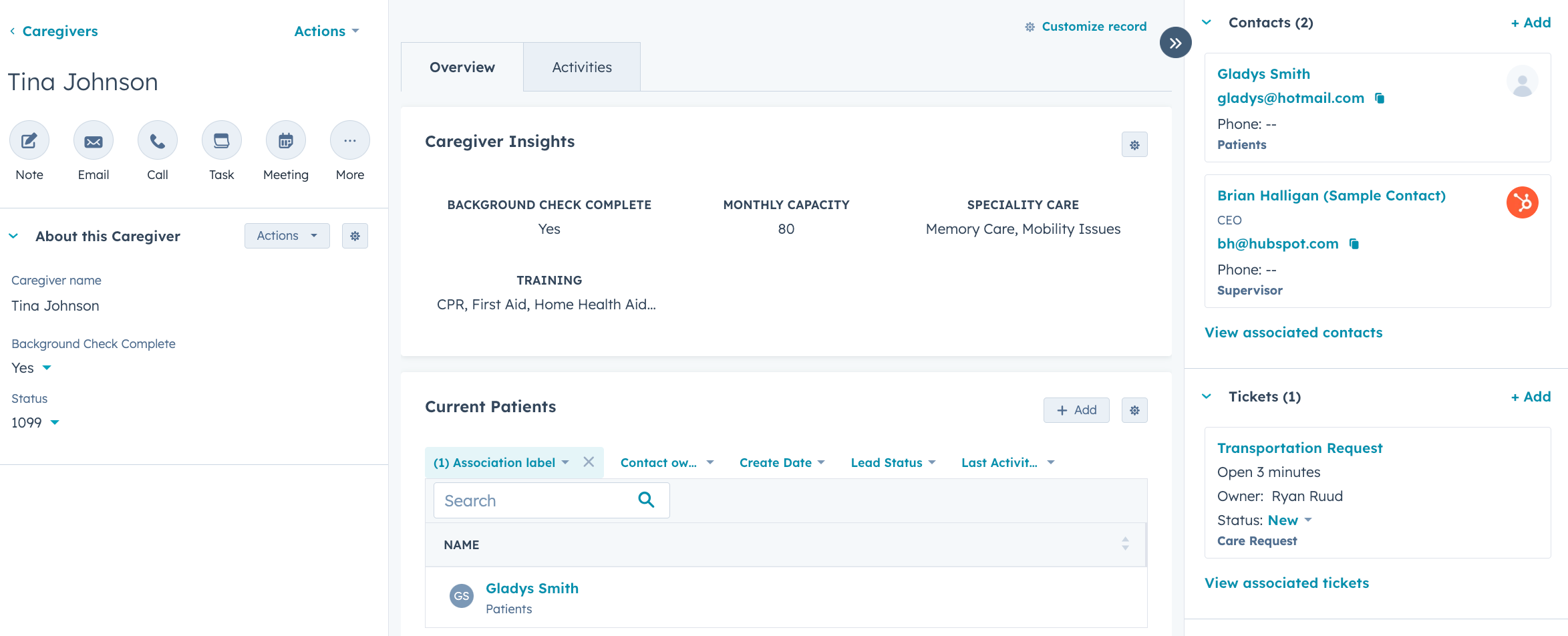 Example of a home healthcare company potential caregiver view in HubSpot