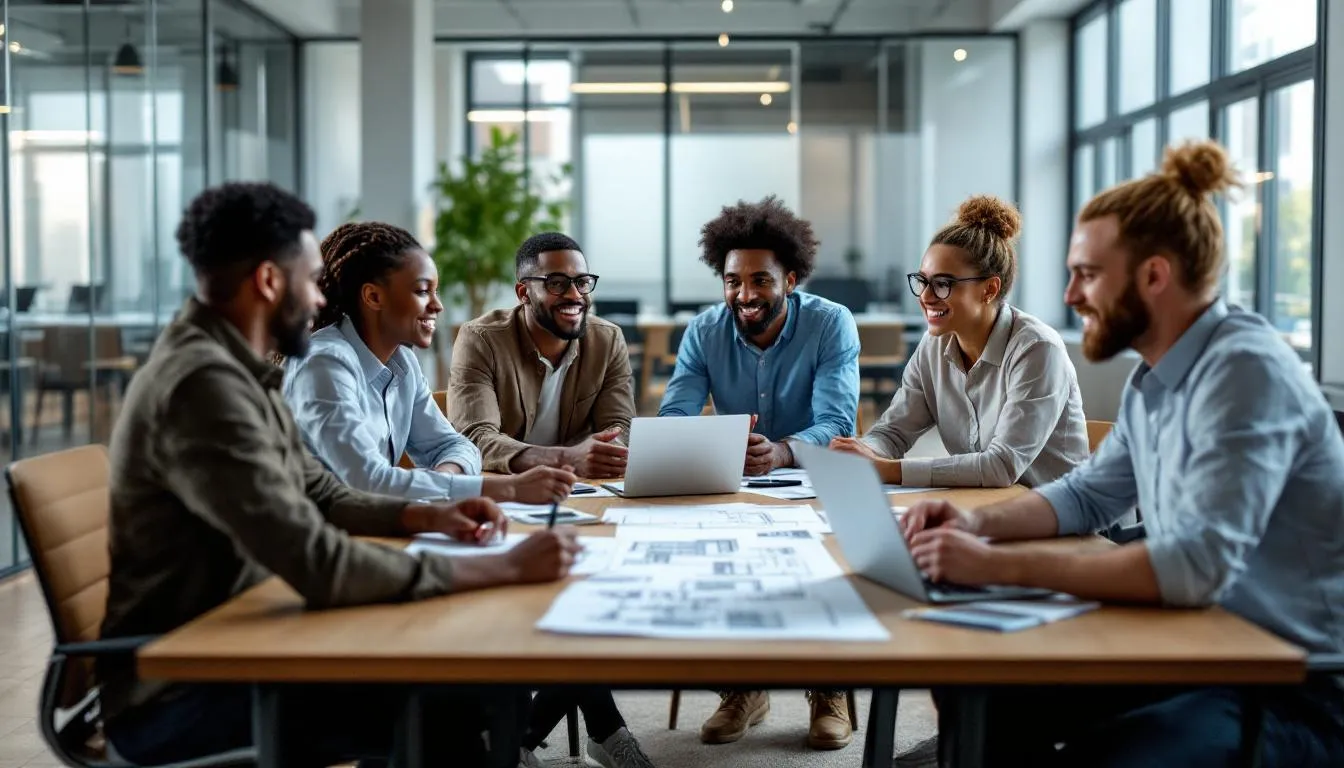 A diverse group of architects is engaged in a meeting, discussing various workplace issues and concerns that affect their profession. They are advocating for professional development and support within the industry, aiming to positively affect their communities and enhance their skills through collaboration and shared knowledge.