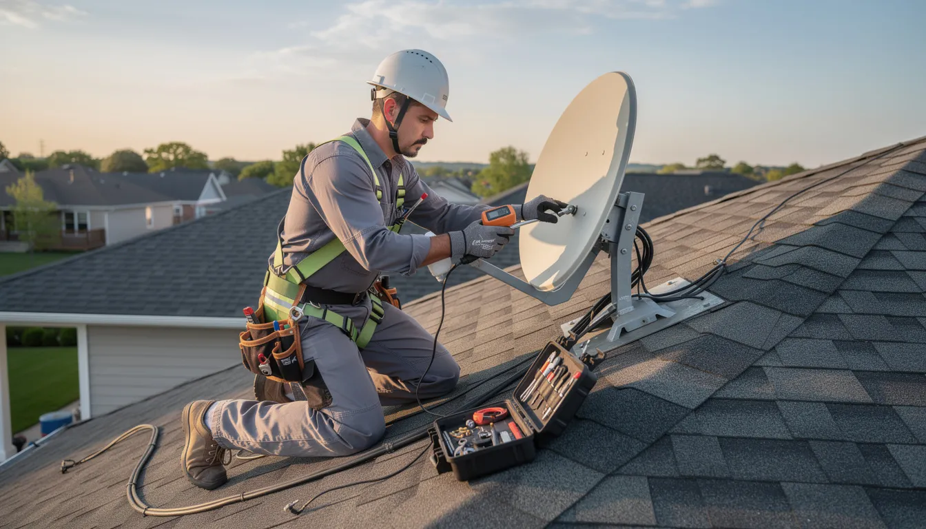 A professional DSTV installer is seen working on a satellite dish installation on a residential rooftop, ensuring proper alignment for optimal signal reception. This scene highlights the expertise and services provided by accredited DSTV installers in Worcester, focusing on delivering an efficient satellite television setup.