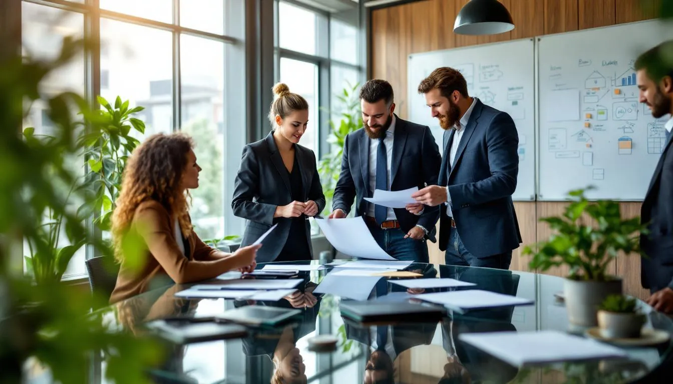 In der Bildbeschreibung sind erfolgreiche Unternehmer zu sehen, die gemeinsam an einem Tisch sitzen und Pläne für Wachstumsstrategien ihrer Unternehmen entwickeln. Sie diskutieren Ideen und Konzepte, um passende Geschäftsideen zu finden und ihre Selbstständigkeit voranzutreiben.