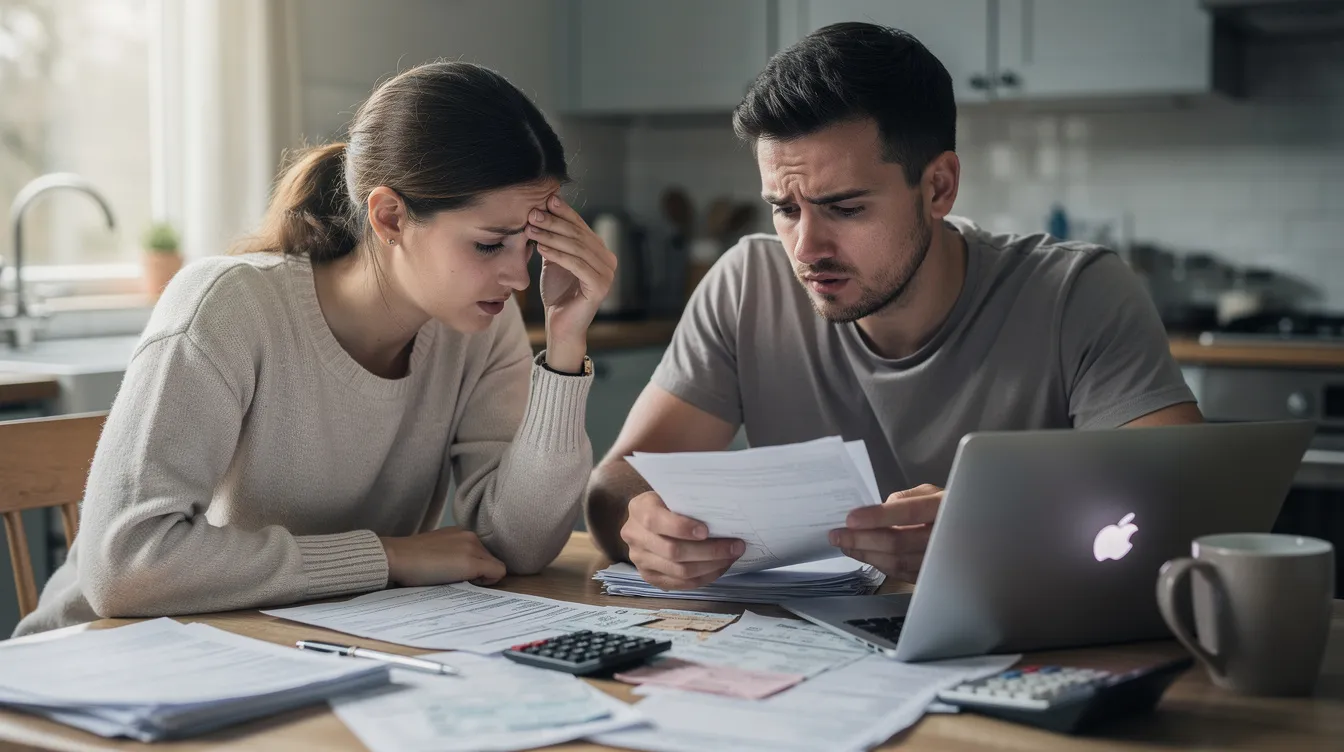 Ein junges Paar sitzt besorgt am Küchentisch und überprüft Dokumente, die mit ihrem Immobilienkredit zu tun haben. Sie diskutieren über Zinsen und Tilgung, während sie sich Gedanken über die monatliche Rate und die Gesamtkosten ihrer Baufinanzierung machen.