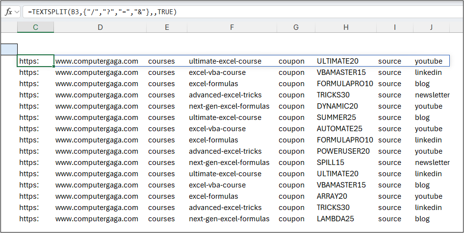 TEXTSPLIT in Excel using multiple delimiters