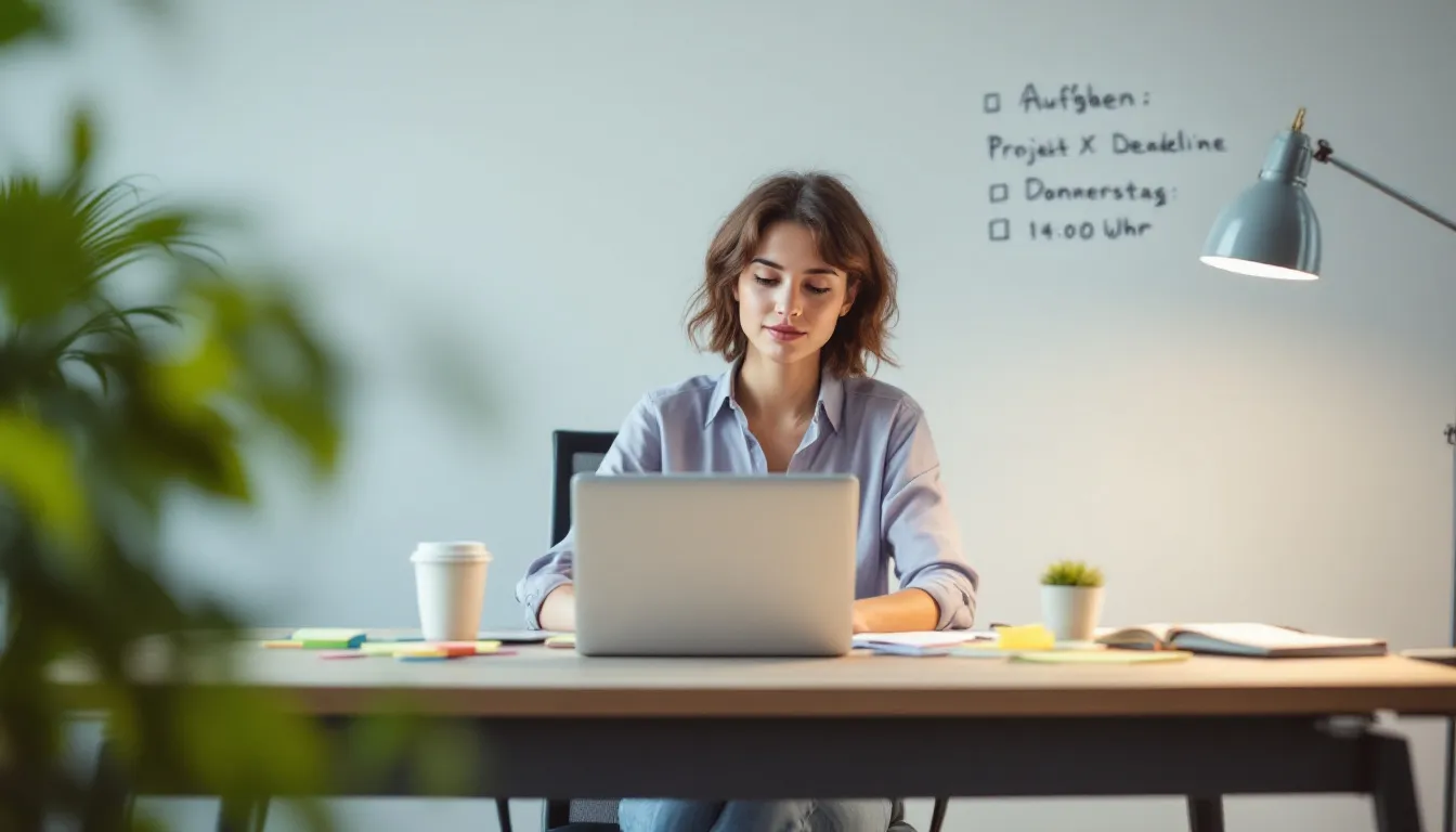In einem Büro sitzt eine Mitarbeiterin mit ADHS, die verschiedene Planungstools verwendet, um ihre Aufgaben zu organisieren und Herausforderungen im Arbeitsalltag zu bewältigen. Diese Strategien unterstützen sie dabei, ihre Konzentration zu verbessern und erfolgreich im Berufsleben zu agieren.