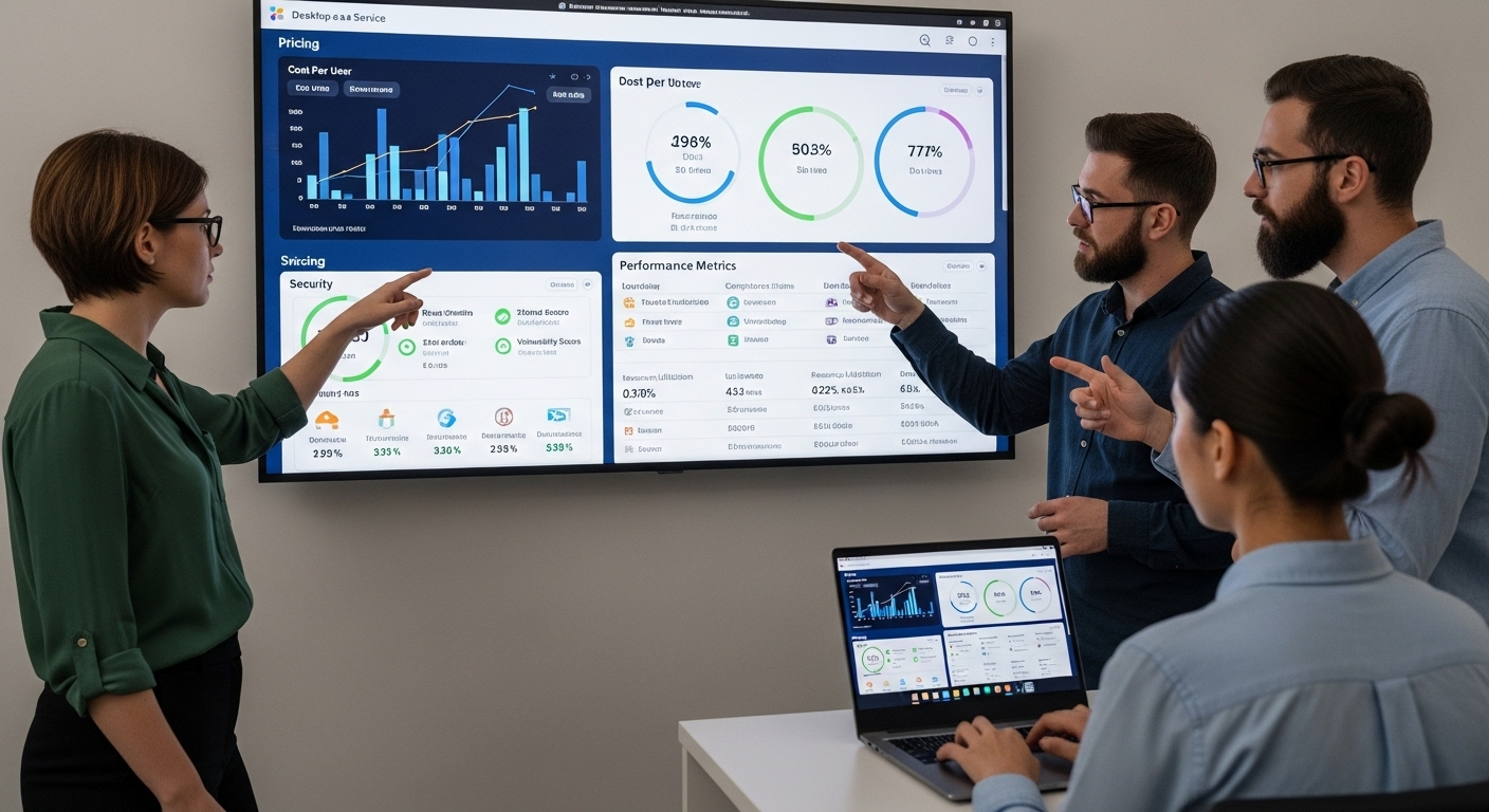 "IT team comparing multiple DaaS providers on a dashboard with pricing, security, and performance metrics.