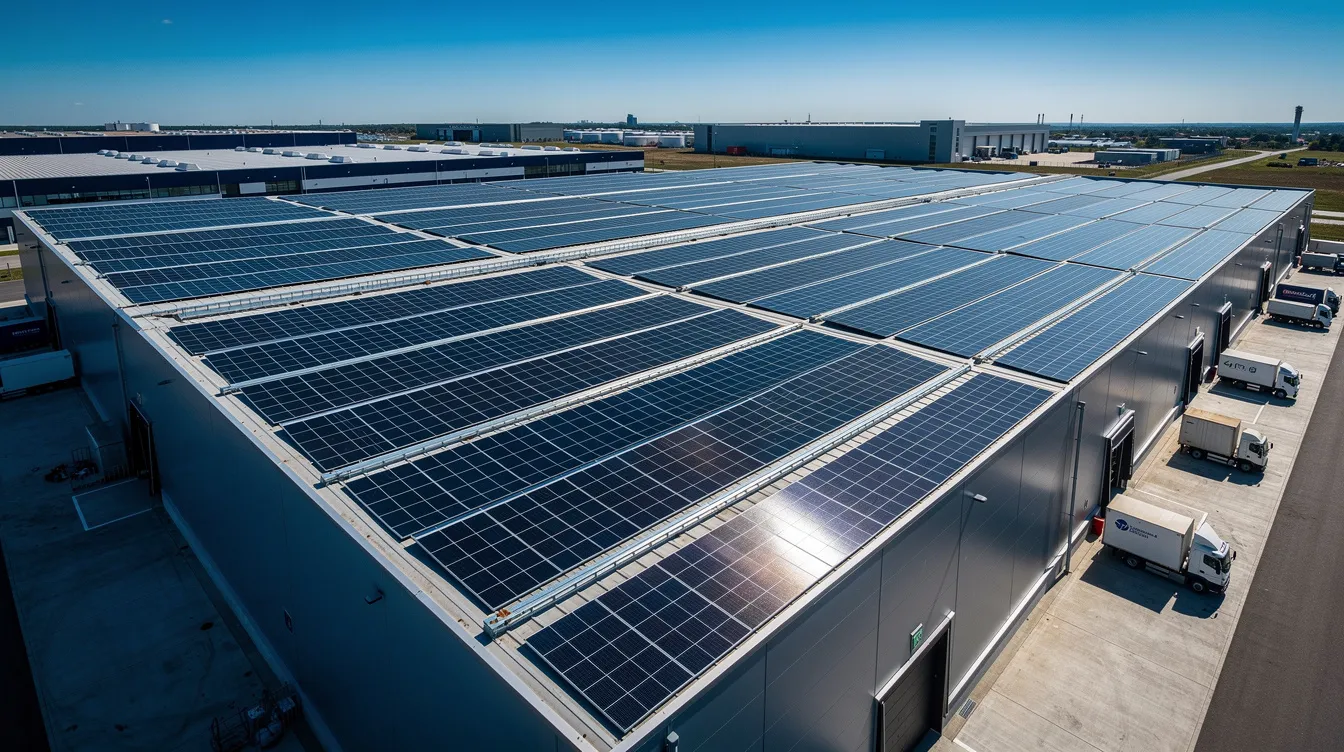 ea68c144 dd29 4dc7 b721 3d2181379fe2 The image shows solar panels installed on the rooftop of a large industrial warehouse, basking under a bright sunny sky. This setup highlights the growing trend of renewable energy solutions for businesses, reflecting a commitment to sustainability and energy efficiency in urban areas like Ahmedabad.