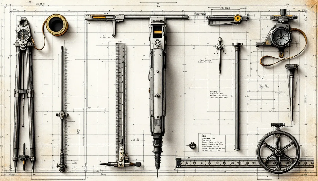 Tools and instruments used in land surveying.