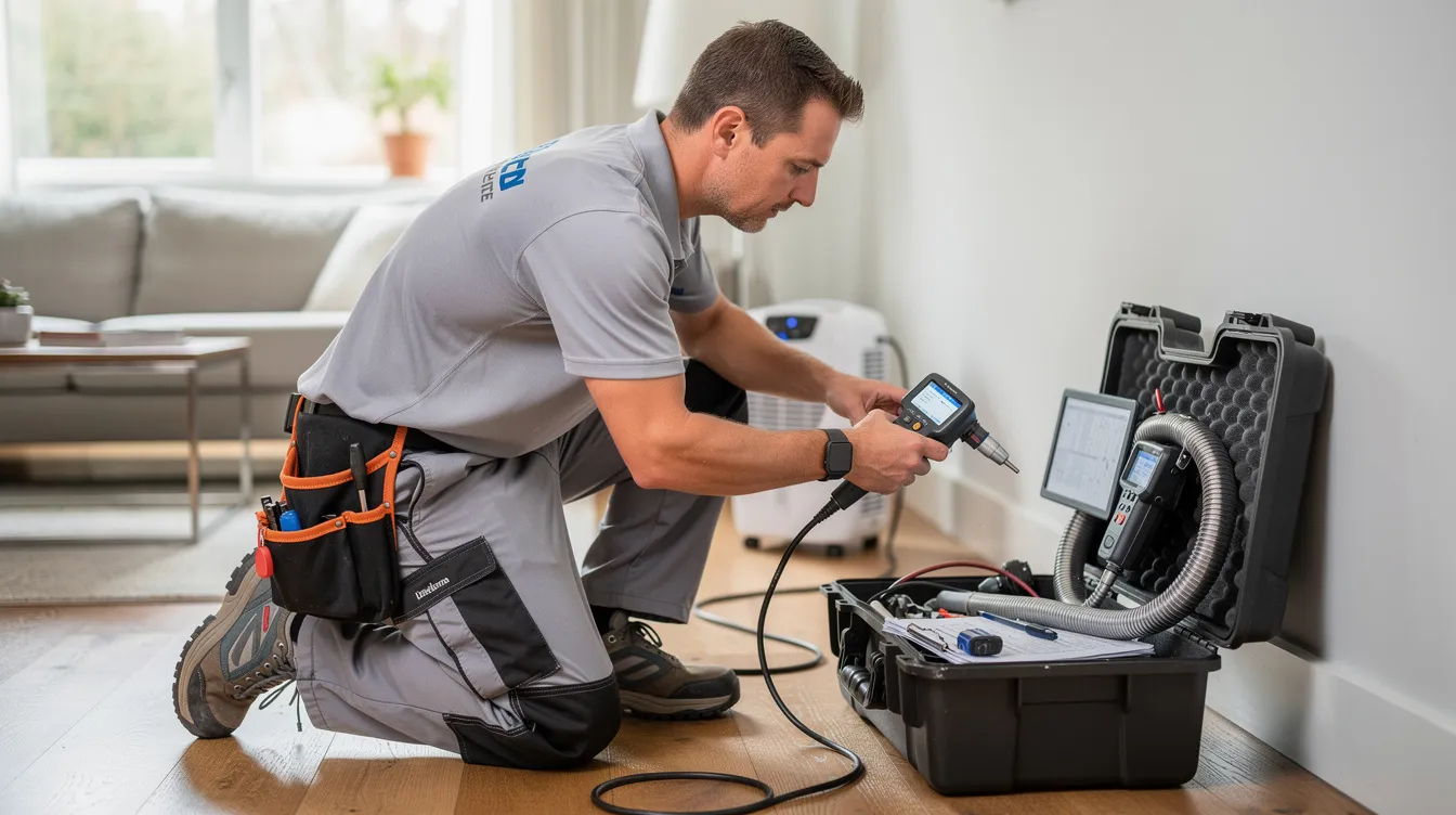 A professional restoration technician is using moisture detection equipment to monitor water flow and identify potential leaks in a home. This proactive approach helps homeowners prevent costly water damage by addressing issues in the plumbing system before they escalate.