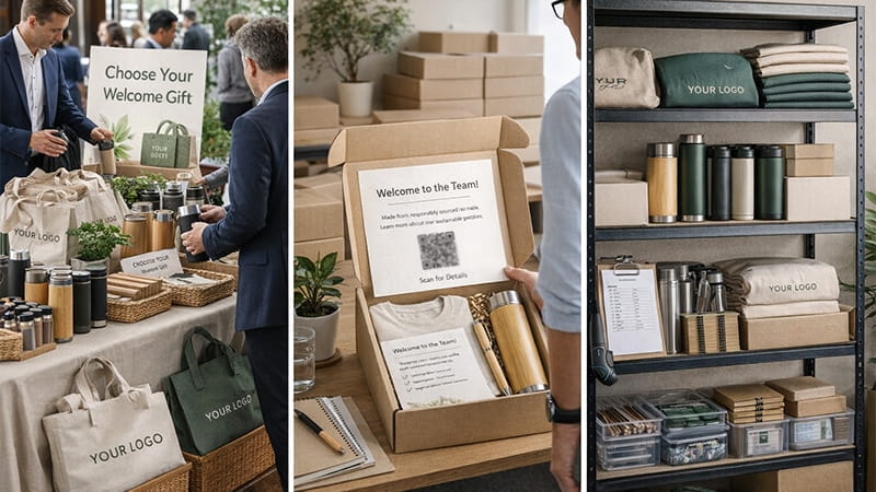 Eco-friendly merch program showing event giveaways, sustainable onboarding kits, and organized branded inventory storage.
