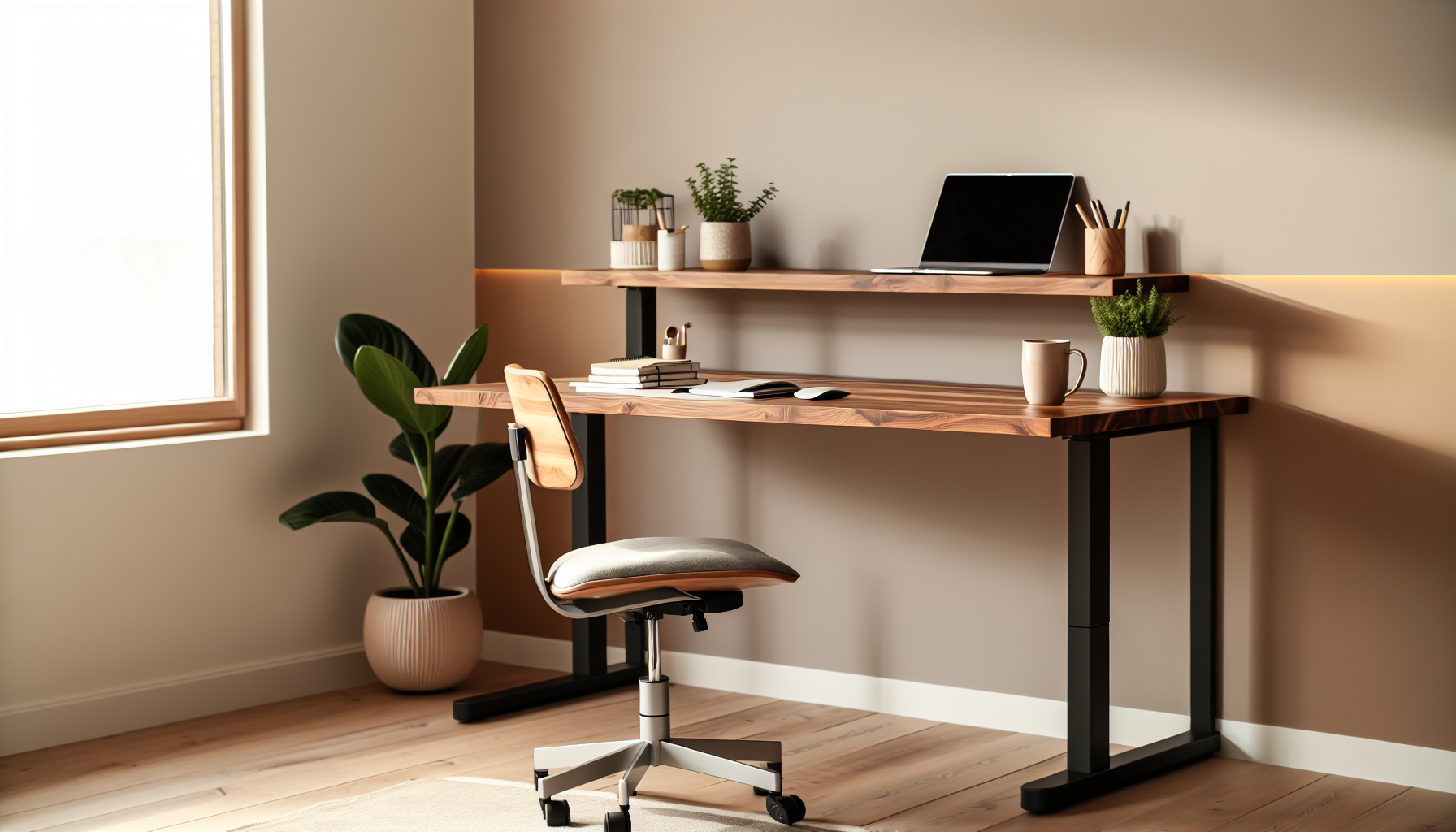 Adjustable standing desk in a small home office