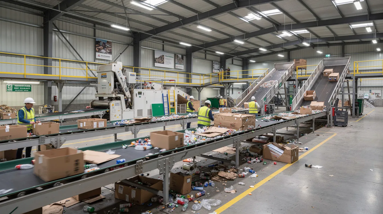 The image depicts an industrial recycling facility featuring conveyor belts that efficiently process various raw materials within a spacious warehouse. This setting highlights the growing demand for sustainable business ideas, particularly in major cities like Hyderabad, where aspiring entrepreneurs can explore profitable business opportunities.