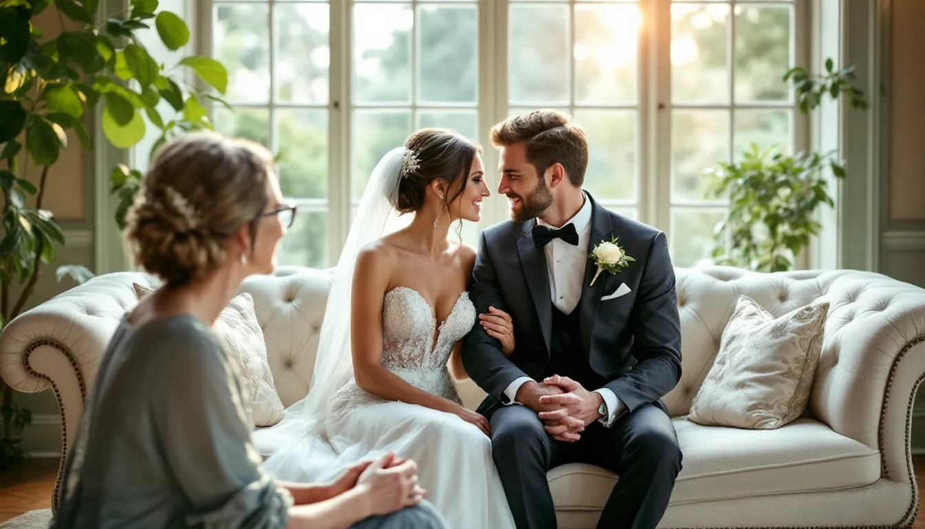 A couple discussing their wedding photography style with a wedding photographer.