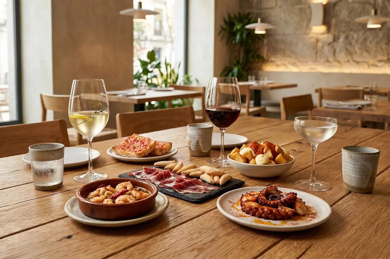 A wooden table set with a variety of Spanish tapas, including gambas al ajillo, jamón ibérico, patatas bravas, octopus, and glasses of wine.