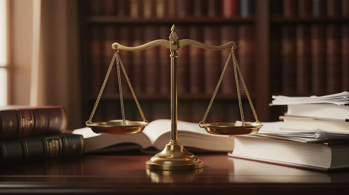 The image features a balanced scale of justice resting on a wooden desk, with a collection of legal books in the background, symbolizing the complexities of personal injury claims and workers compensation cases. This scene represents the legal processes involved in seeking justice for injured workers and the importance of consulting with qualified personal injury attorneys.