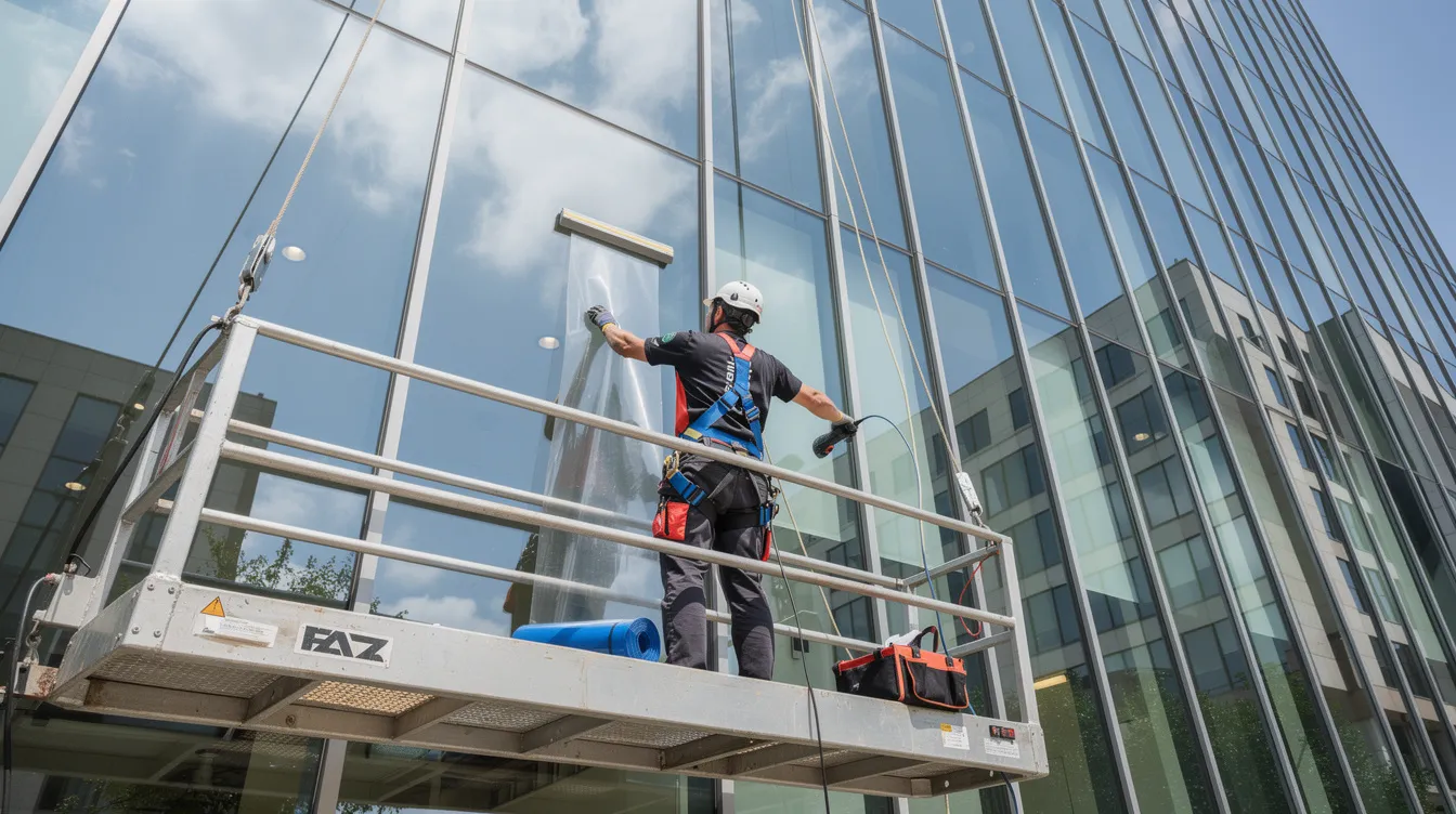 A professional installer is applying CoolVu transitional window films to a tall commercial glass facade, utilizing specialized equipment to enhance glare reduction and UV protection from bright sunlight. This installation employs proprietary photochromic technology, allowing the film to adapt between a tinted state and a lighter state for clear visibility and daytime privacy.