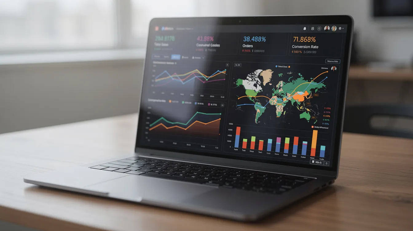 The image displays a laptop screen featuring an ecommerce dashboard, showcasing various charts and a world map, which represent transaction volumes and payment performance. This dashboard likely provides insights into international payment methods, payment gateways, and accepted payment methods for online transactions.