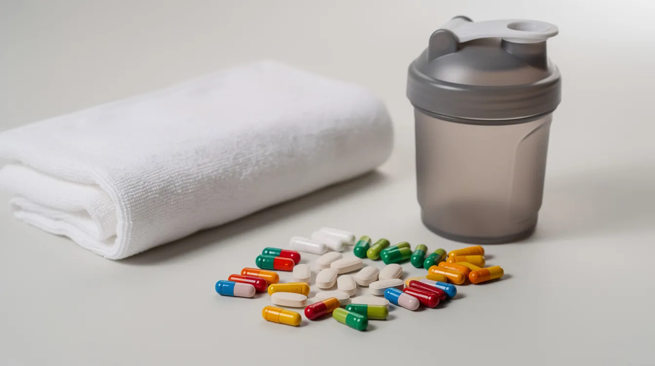 The image features an assortment of supplement tablets and capsules, including a testosterone booster supplement, neatly arranged on a clean surface beside a shaker bottle and a gym towel, suggesting a focus on promoting healthy testosterone levels and muscle growth. This setup highlights the importance of dietary supplements in supporting overall health and fitness routines.
