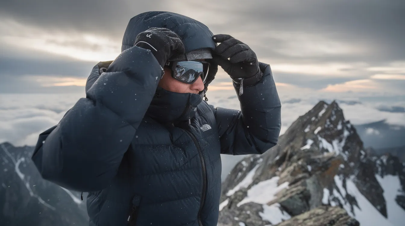A mountaineer is seen up close adjusting the adjustable hood of a puffy synthetic insulated jacket while standing on a rocky alpine ridge. The jacket, designed for cold weather, features a durable water repellent finish and is part of their layering system to provide warmth and wind protection during outdoor activities.