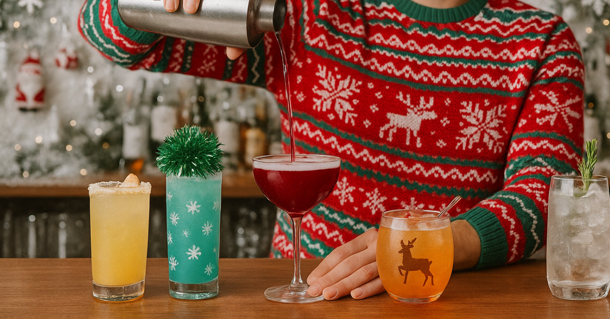 A bartender in a festive Christmas sweater pours a bright red holiday cocktail from a shaker into a coupe glass, surrounded by colorful seasonal drinks topped with garnishes like rosemary, coconut, and holiday pom-poms at a Christmas pop-up bar decorated with winter greenery and twinkling lights.