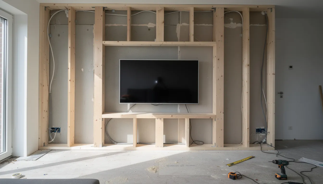 Een houten frame van vuren balken voor een tv wand is in aanbouw, met de basisstructuur zichtbaar en klaar voor verdere afwerking. Dit frame biedt een stevige basis voor een mooi tv meubel en kan later worden uitgerust met mdf platen en verlichting voor een luxe uitstraling.