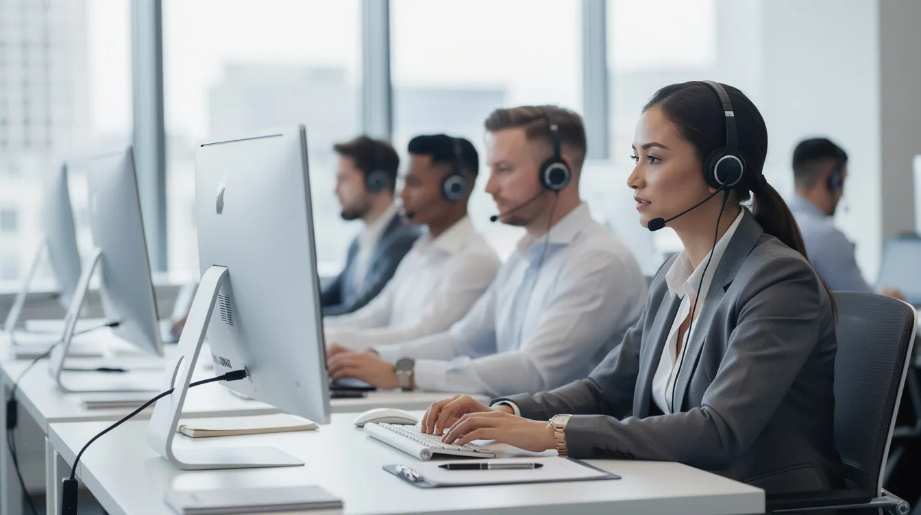 A professional call center team is depicted, wearing headsets and diligently working at computer stations, likely engaging in mass tort lead generation for law firms. The atmosphere suggests a focus on converting leads and managing intake processes for potential mass tort clients.