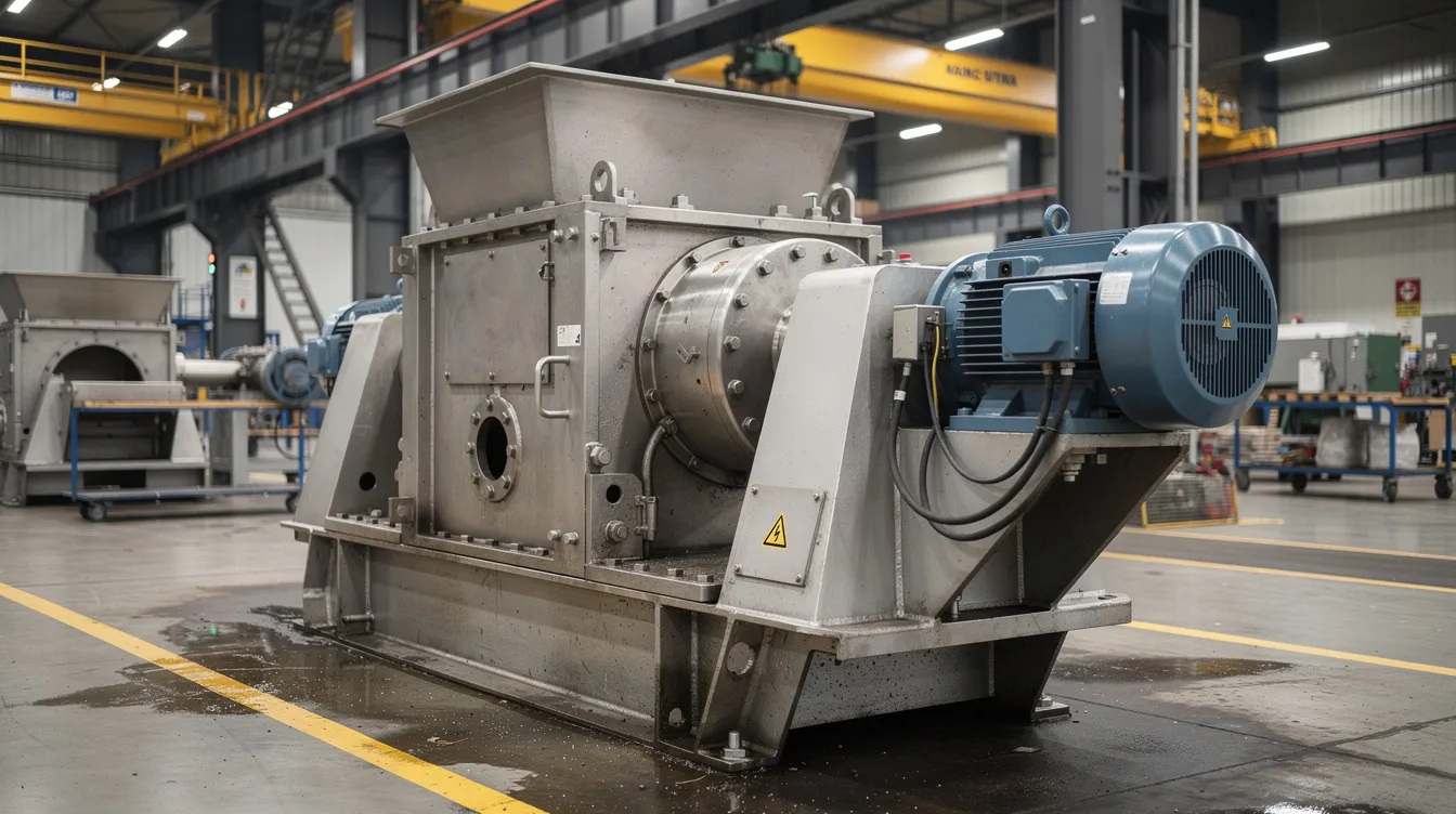 The image features an industrial grinding mill machinery housed in robust metal, equipped with a motor assembly, set within a factory environment. This fully automatic besan plant is designed for fine grinding of chana dal into high-quality gram flour, showcasing the advanced technology used in besan manufacturing.