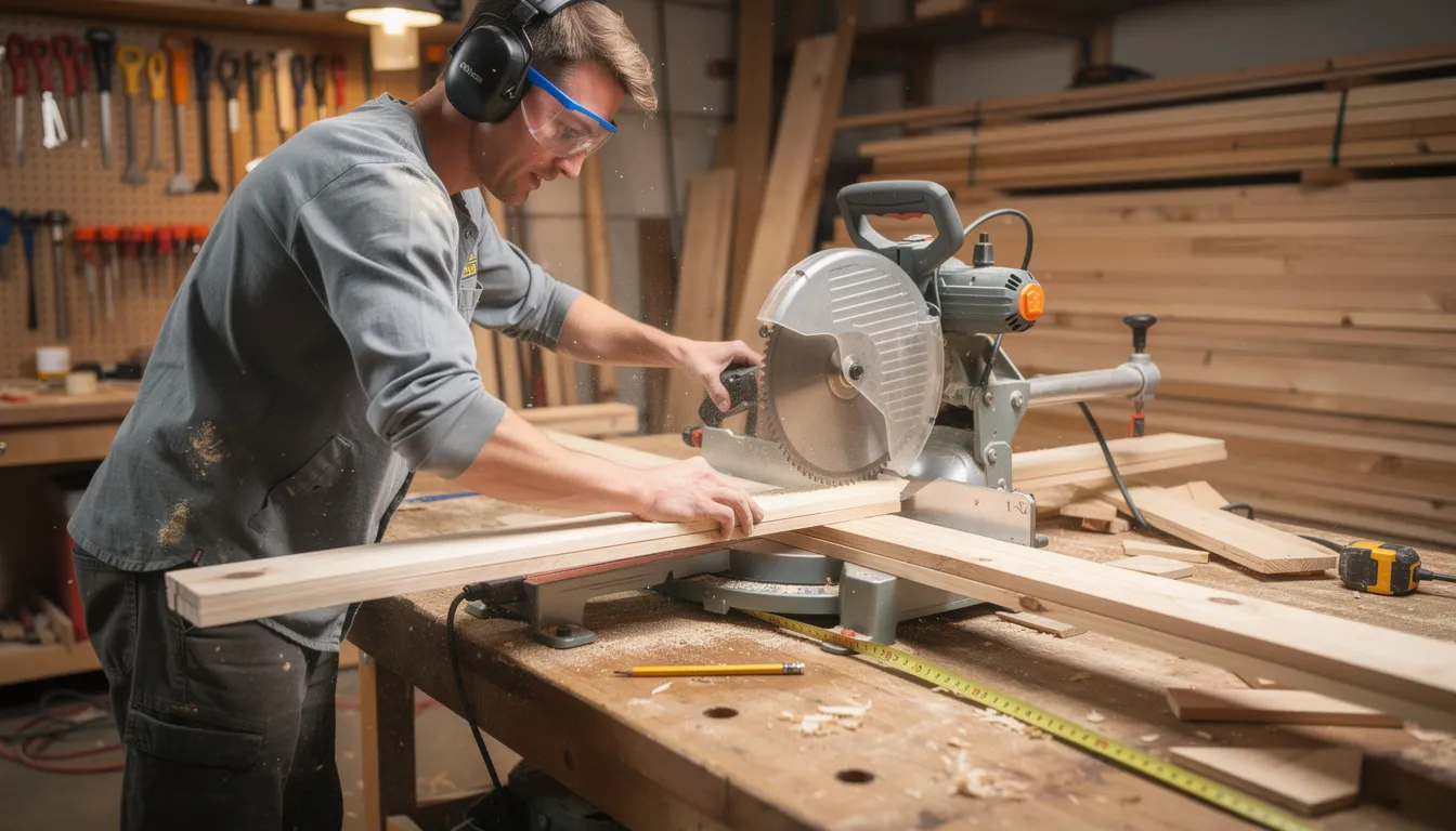 Een persoon zaagt houten latten met een afkortzaag in een werkplaats, omringd door verschillende soorten wandpanelen van Cando, waaronder de akoestische wandpanelen die een uitnodigende en rustige sfeer creëren. De latten, gemaakt van hoogwaardig ommanteld MDF, zijn bedoeld voor een stijlvolle lattenwand die de akoestiek in de ruimte verbetert.