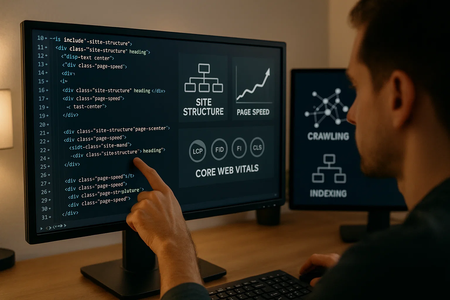 Web developer working on technical SEO improvements, analysing site speed and structured data on a computer screen.